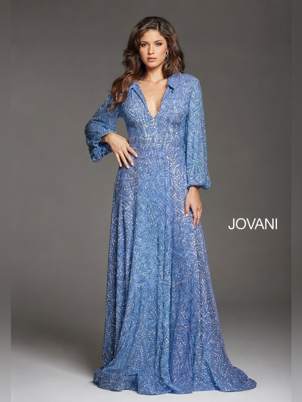 Jovani Blue Full Sequin Deep V Long Sleeve Maxi Gown NEW Size 12 NEW 25950